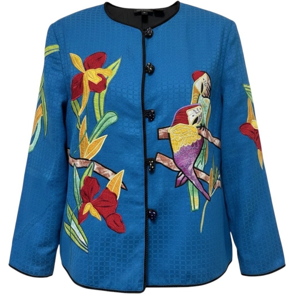 Vtg Julia Kim Wearable Art Jacket XL Blue Brocade Parrot Floral Embroidered 90s